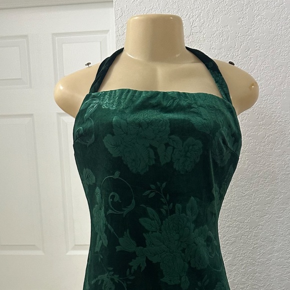 Dark Green Halter Midi Dress Floral Jacquard Tie Back Velvet Event Cocktail M - Picture 7 of 7
